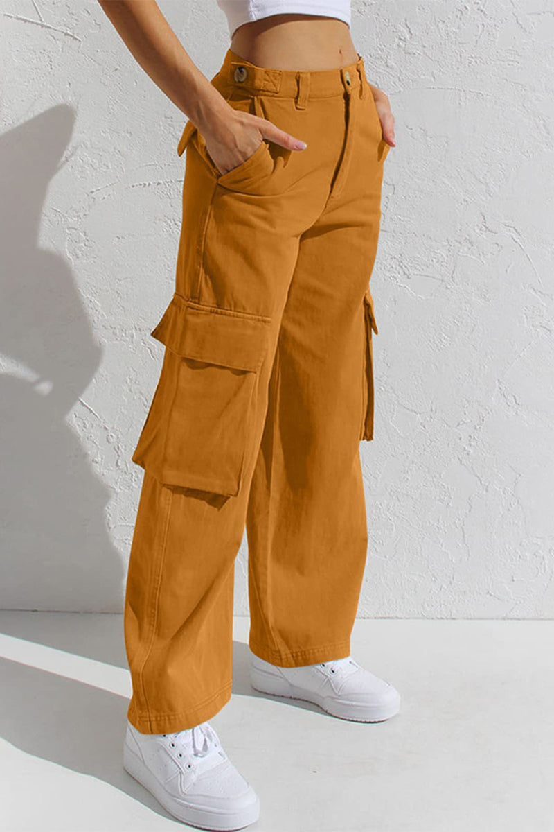 Pantalones casuales sencillos de color liso con bolsillos, sueltos, de cintura baja y rectos.