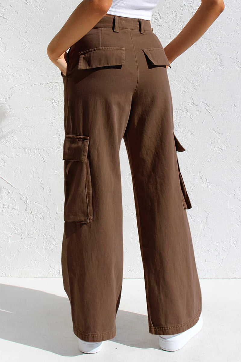 Pantalones casuales sencillos de color liso con bolsillos, sueltos, de cintura baja y rectos.