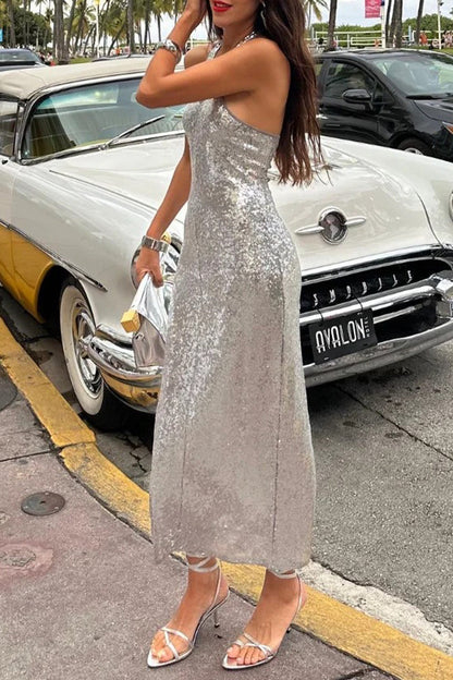 Vestidos sexis de lentejuelas sólidas con espalda descubierta y falda de un solo paso con cuello halter