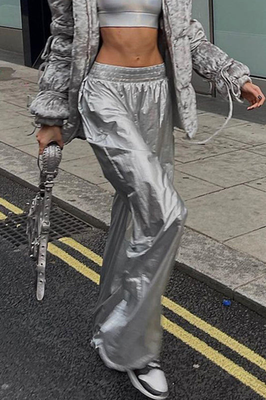 Pantalones casuales de calle, lisos, sueltos, de cintura alta, con pierna ancha y color liso