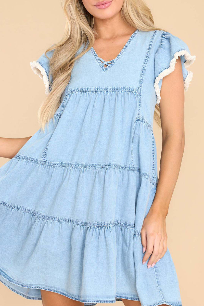 Vestidos vaqueros holgados de manga corta con cuello en V y volantes lisos