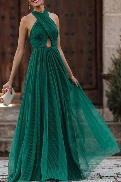 Vestido de noche sexy, formal, liso, ahuecado, sin espalda, con cuello halter