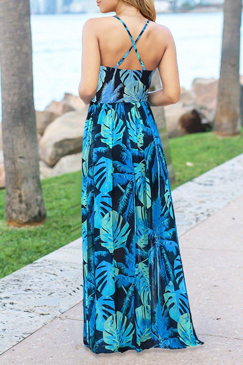 Vestidos sexis de vacaciones con estampado floral, escote en V y espalda descubierta