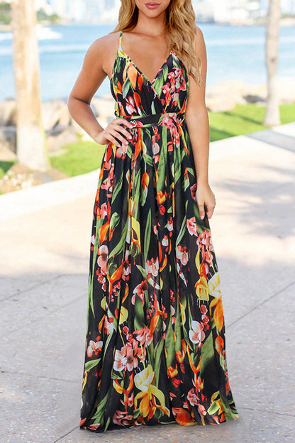 Vestidos sexis de vacaciones con estampado floral, escote en V y espalda descubierta