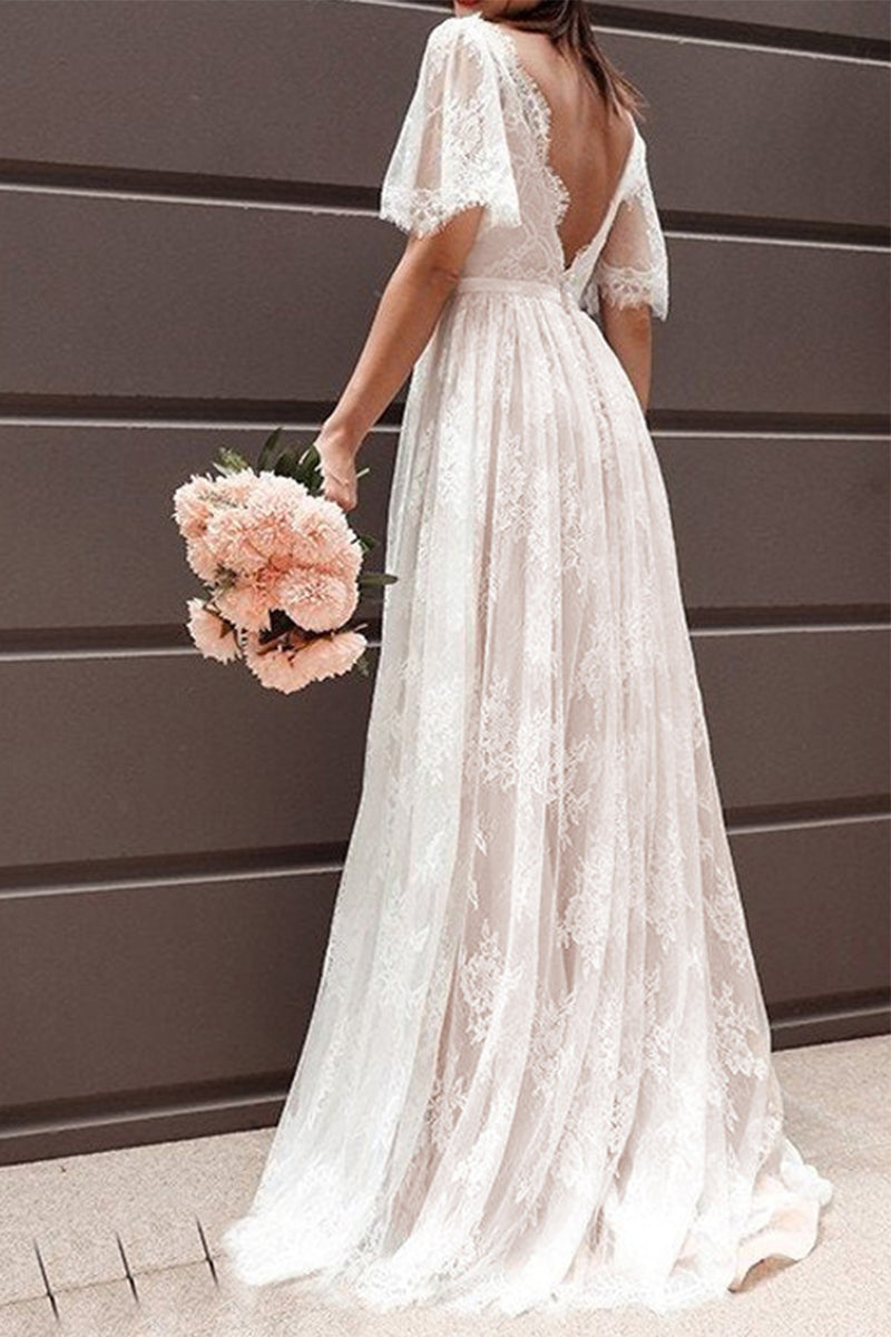 Vestido de noche sexy formal de encaje sólido con cuello en V