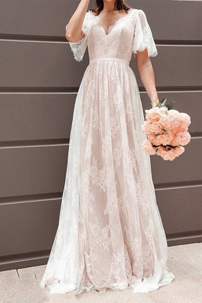 Vestido de noche sexy formal de encaje sólido con cuello en V