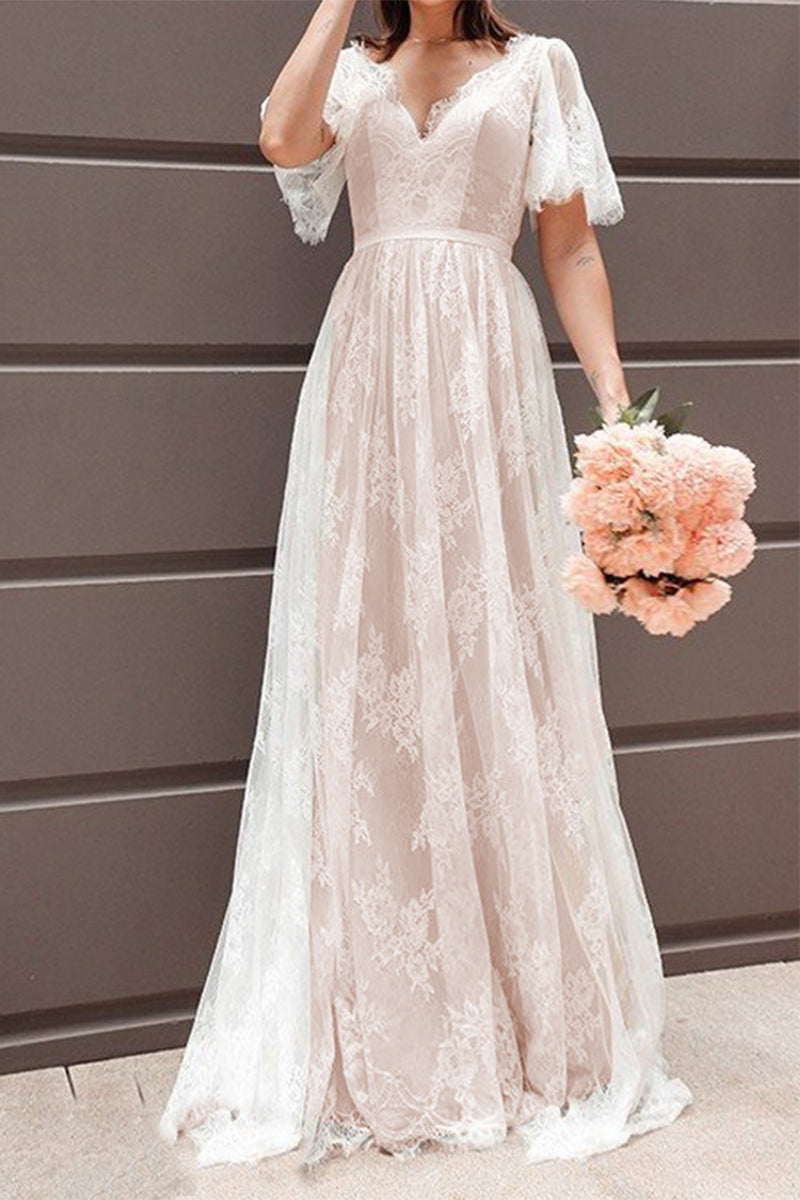 Vestido de noche sexy formal de encaje sólido con cuello en V