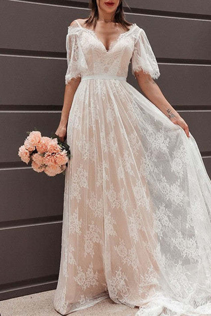 Vestido de noche sexy formal de encaje sólido con cuello en V