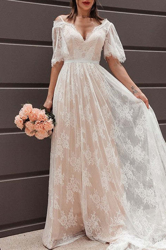 Vestido de noche sexy formal de encaje sólido con cuello en V