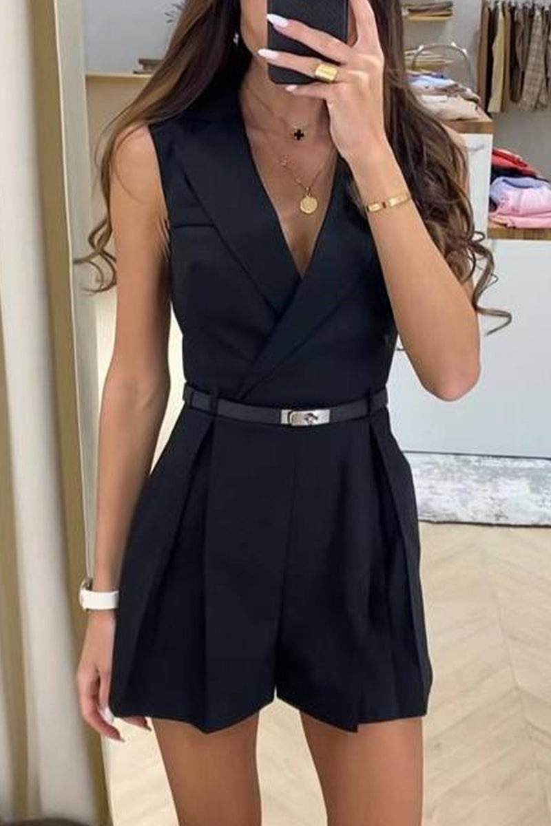 Mono de trabajo estilo británico liso sin cinturón, cuello en V, regular (sin cinturón)