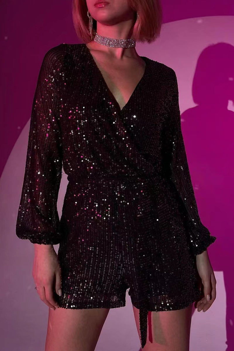 Mono holgado con escote en V y lentejuelas de vendaje liso