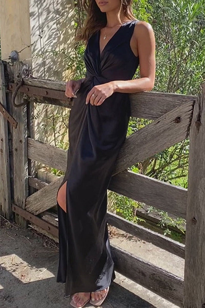 Vestido de noche sexy, formal, liso, con escote en V y pliegues (4 colores)