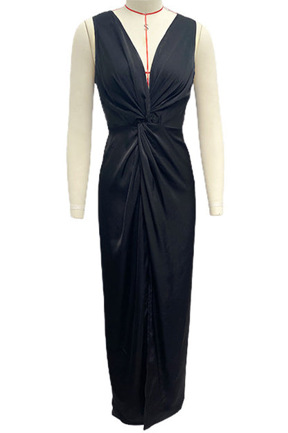 Vestido de noche sexy, formal, liso, con escote en V y pliegues (4 colores)