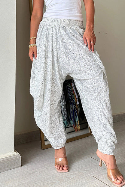 Pantalones casuales de color sólido con lentejuelas, sueltos, de cintura alta y con farol.