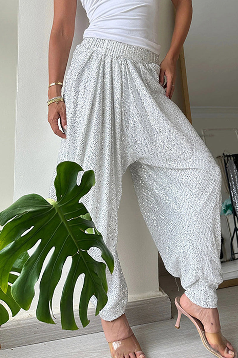 Pantalones casuales de color sólido con lentejuelas, sueltos, de cintura alta y con farol.
