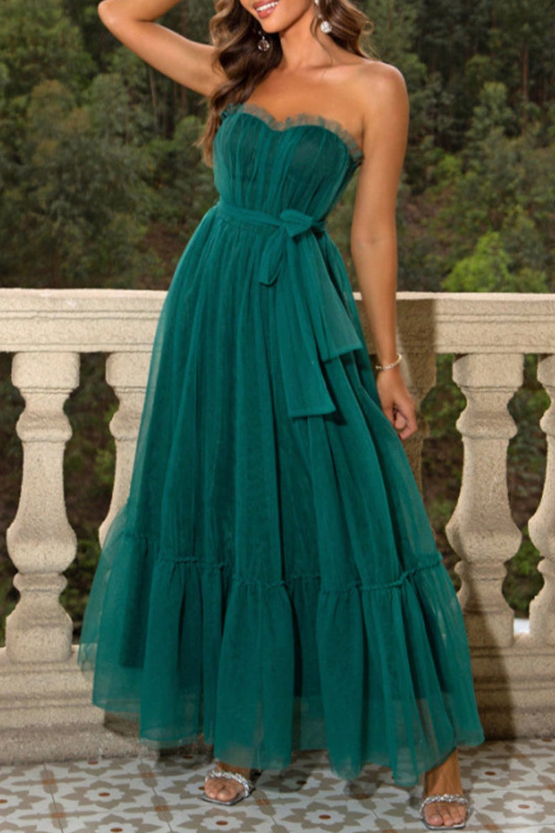 Elegante vestido de noche formal liso con volantes y lazo sin tirantes