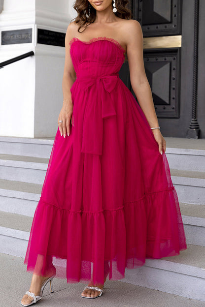 Elegante vestido de noche formal liso con volantes y lazo sin tirantes