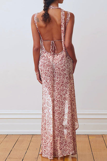 Vestidos sexis con escote en V, abertura y espalda descubierta con estampado floral