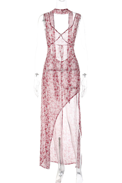 Vestidos sexis con escote en V, abertura y espalda descubierta con estampado floral