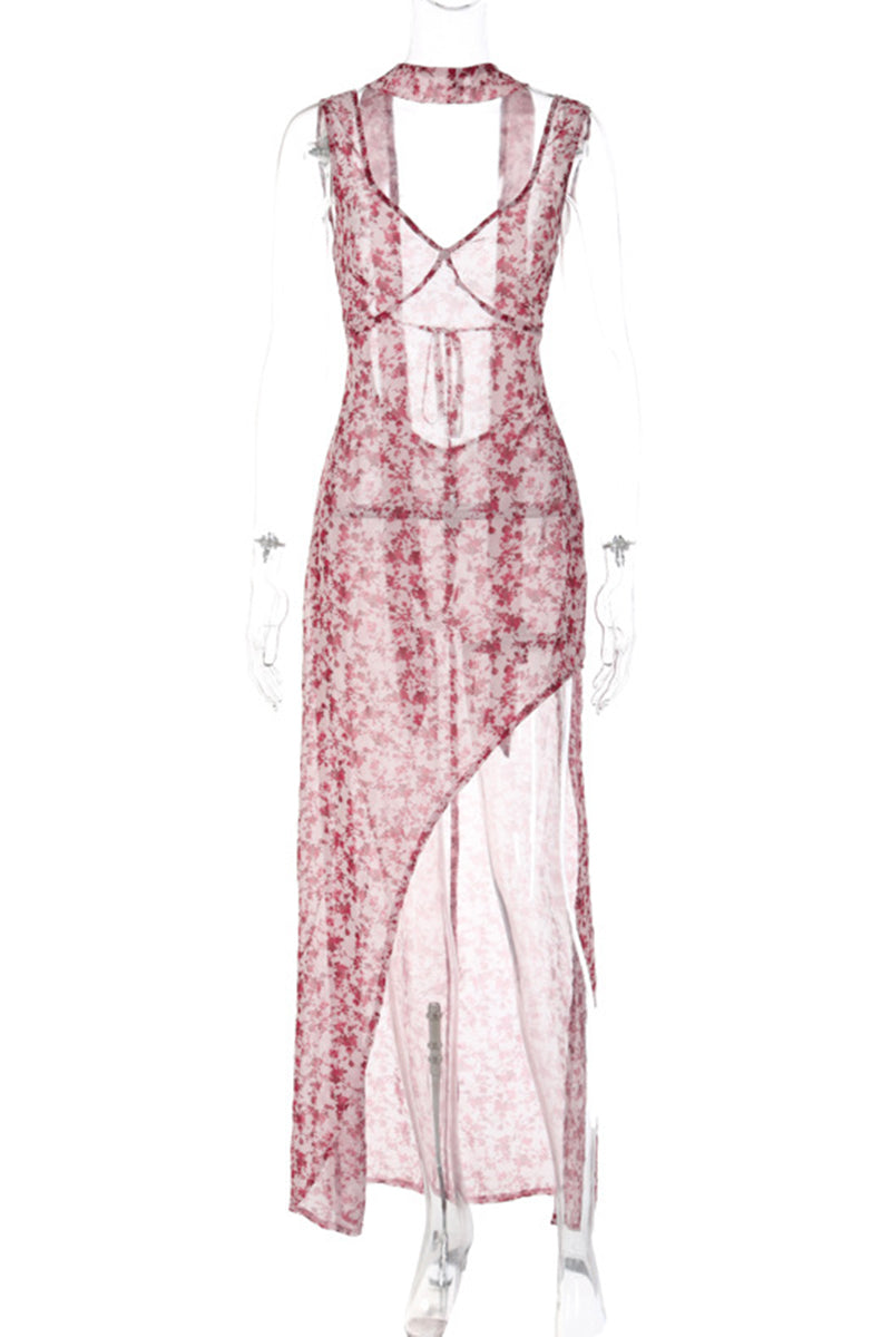 Vestidos sexis con escote en V, abertura y espalda descubierta con estampado floral