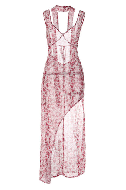 Vestidos sexis con escote en V, abertura y espalda descubierta con estampado floral