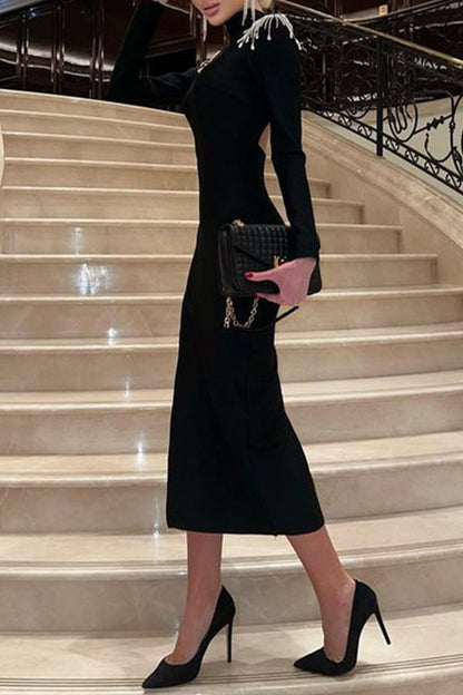 Elegante vestido de noche formal liso sin espalda con abertura y diamantes de imitación, cuello alto y media manga