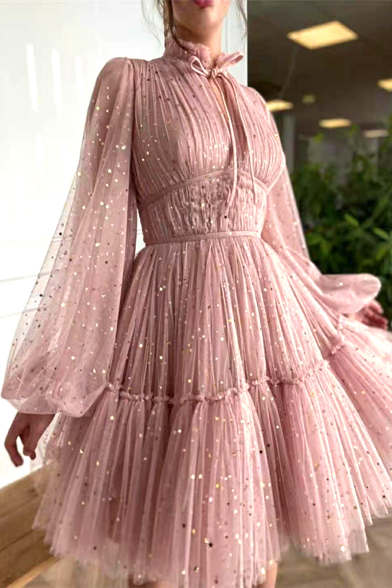 Vestido de noche elegante y dulce con cuello mandarín de malla con lentejuelas sólidas