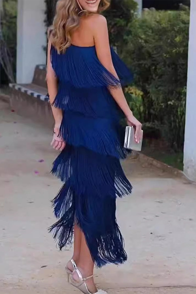 Vestido sexy irregular con borlas sólidas y cuello oblicuo (5 colores)