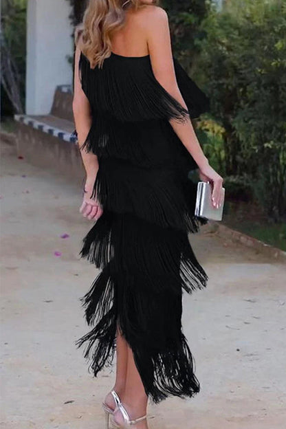 Vestido sexy irregular con borlas sólidas y cuello oblicuo (5 colores)