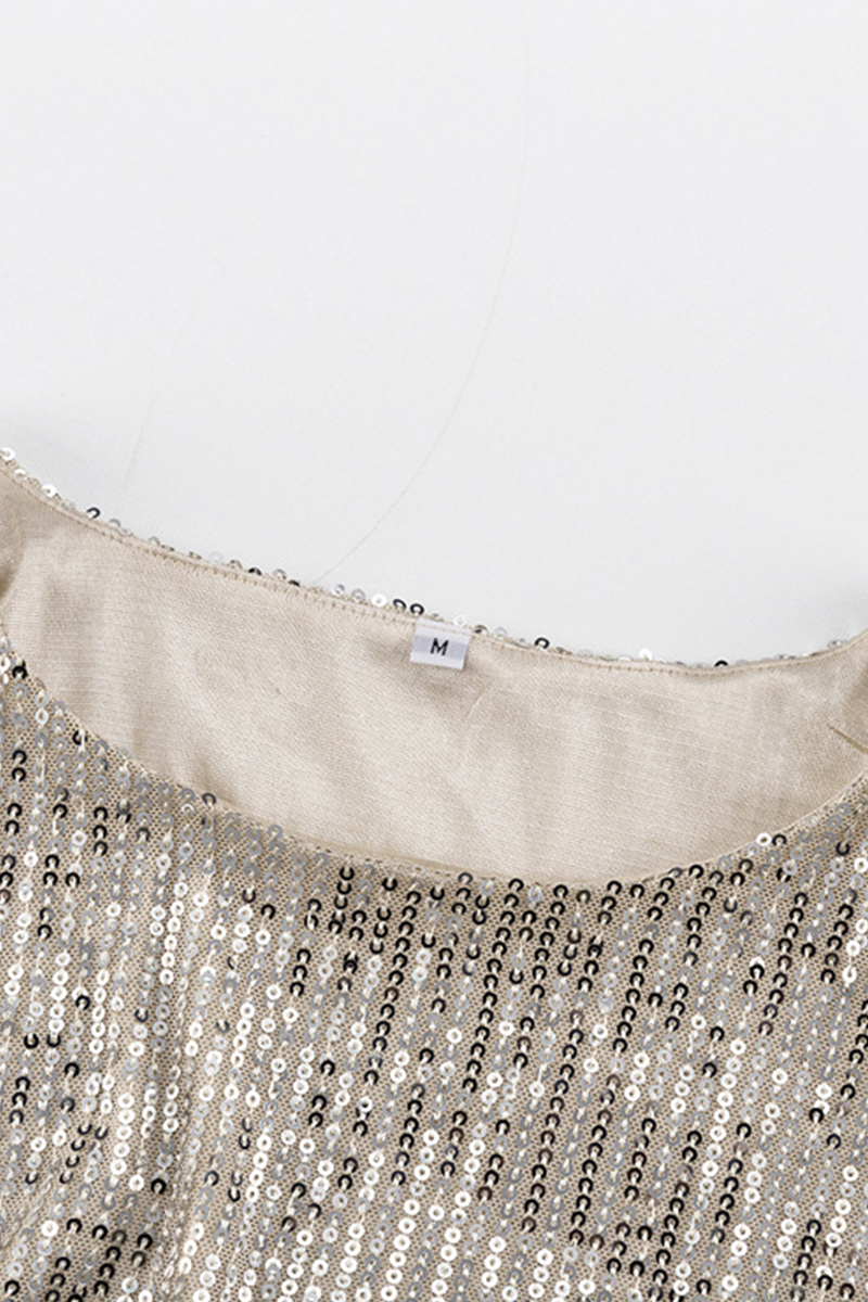 Vestidos sexis de fiesta con lentejuelas sólidas y cuello redondo con falda cruzada