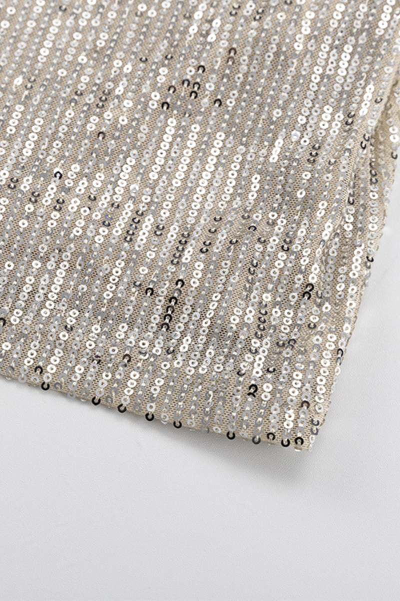 Vestidos sexis de fiesta con lentejuelas sólidas y cuello redondo con falda cruzada