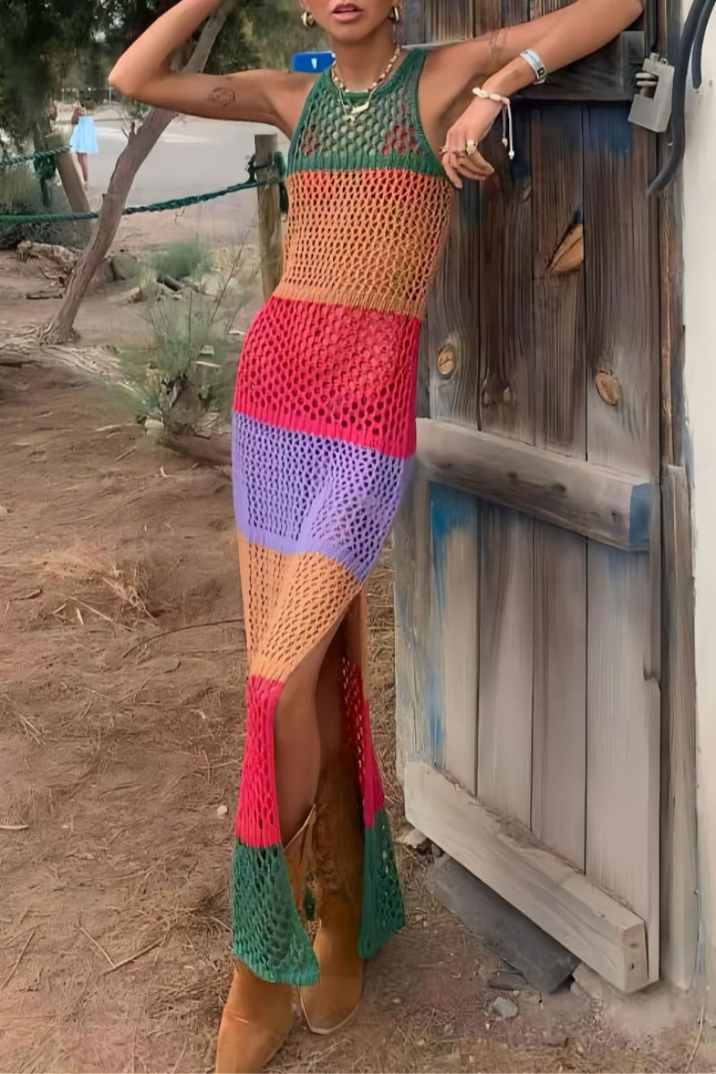 Vestidos largos informales con cuello redondo, aberturas transparentes y retazos