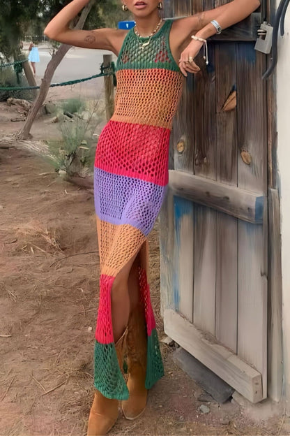 Vestidos largos informales con cuello redondo, aberturas transparentes y retazos