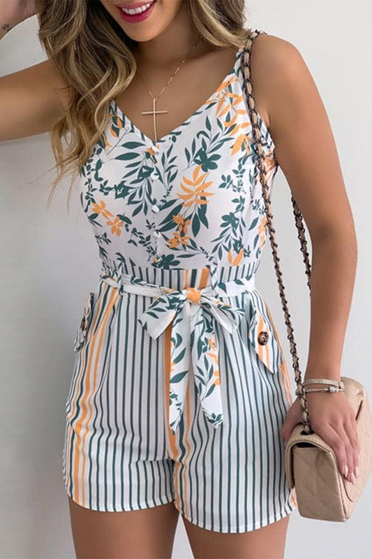 Mono sexy con cuello en V, estampado geométrico, vendaje y patchwork