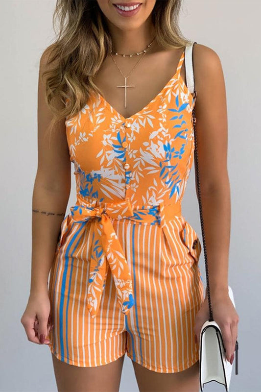 Mono sexy con cuello en V, estampado geométrico, vendaje y patchwork