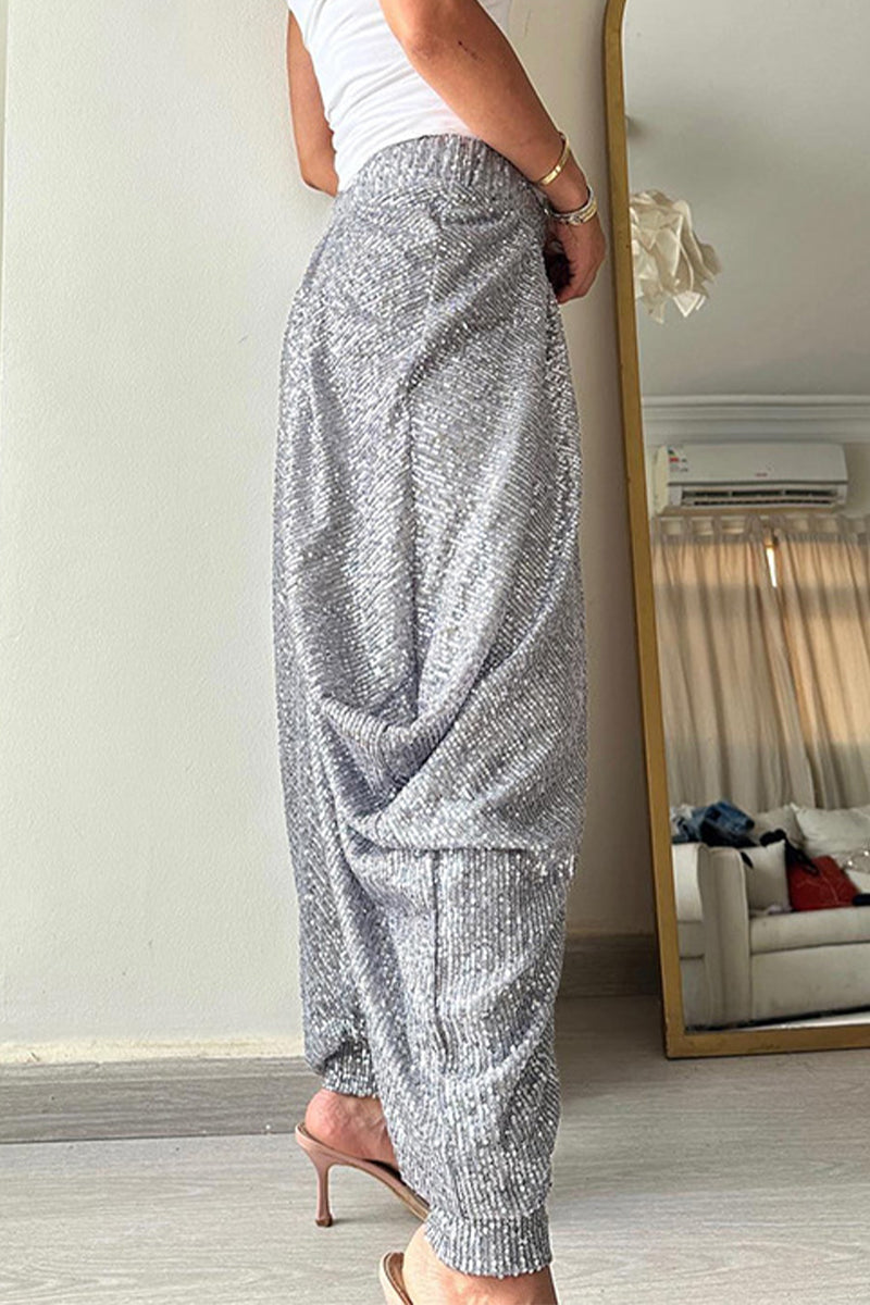 Pantalones casuales de color sólido con lentejuelas, sueltos, de cintura alta y con farol.