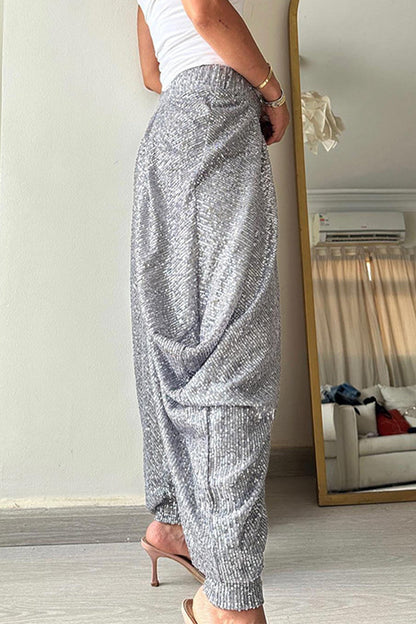 Pantalones casuales de color sólido con lentejuelas, sueltos, de cintura alta y con farol.