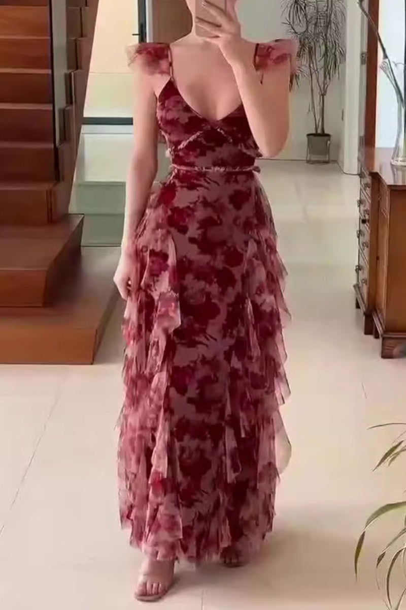 Vestidos vintage elegantes con flores, volantes, escote en V y falda de un solo paso