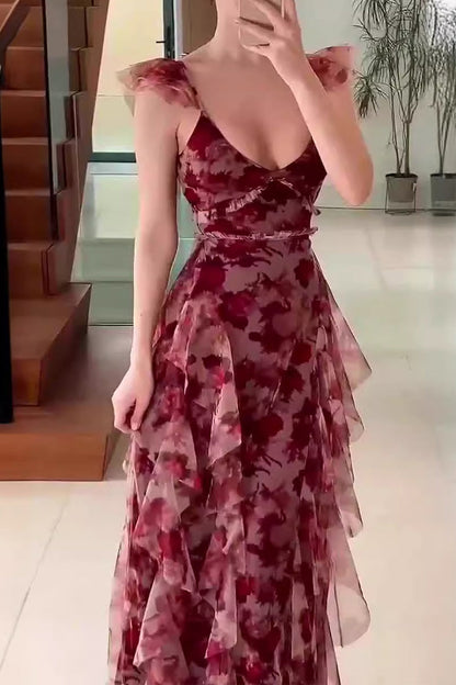 Vestidos vintage elegantes con flores, volantes, escote en V y falda de un solo paso