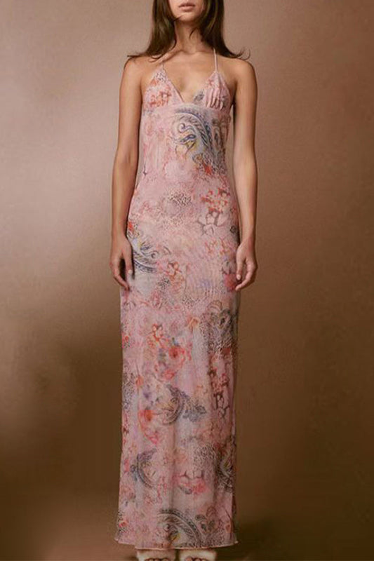 Vestido sexy vintage con estampado geométrico de mariposas y malla de retazos con escote en V y falda de un solo paso