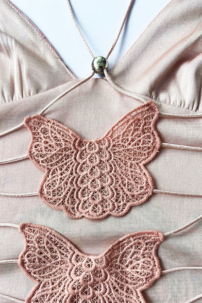 Vestido sexy vintage con estampado geométrico de mariposas y malla de retazos con escote en V y falda de un solo paso