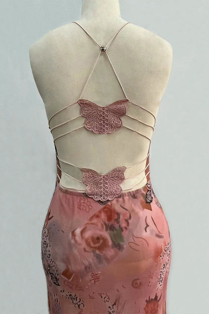 Vestido sexy vintage con estampado geométrico de mariposas y malla de retazos con escote en V y falda de un solo paso