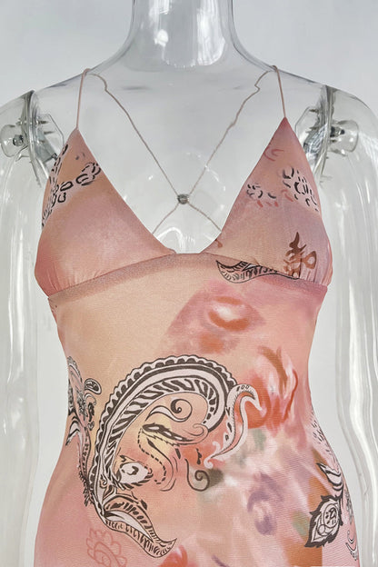 Vestido sexy vintage con estampado geométrico de mariposas y malla de retazos con escote en V y falda de un solo paso