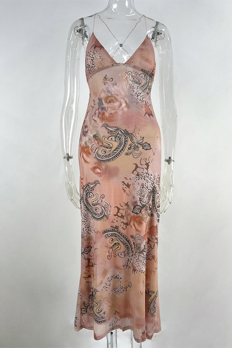 Vestido sexy vintage con estampado geométrico de mariposas y malla de retazos con escote en V y falda de un solo paso