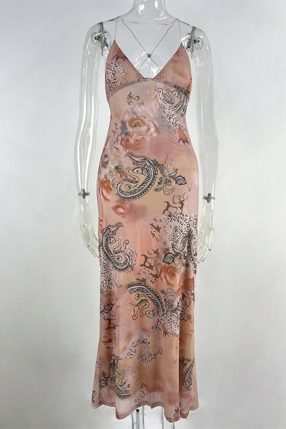 Vestido sexy vintage con estampado geométrico de mariposas y malla de retazos con escote en V y falda de un solo paso