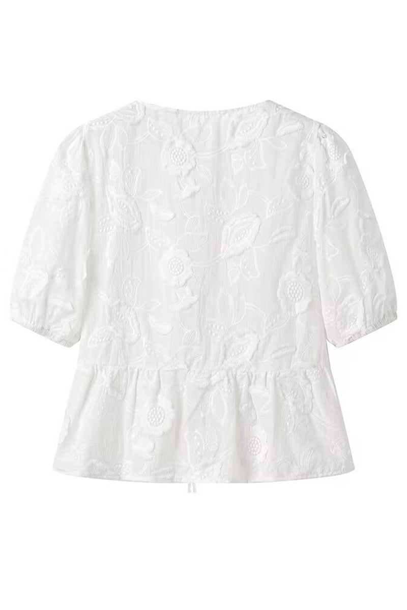 Dulce y elegante top de encaje sólido con frenillo y lazo en el cuello redondo