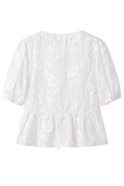 Dulce y elegante top de encaje sólido con frenillo y lazo en el cuello redondo