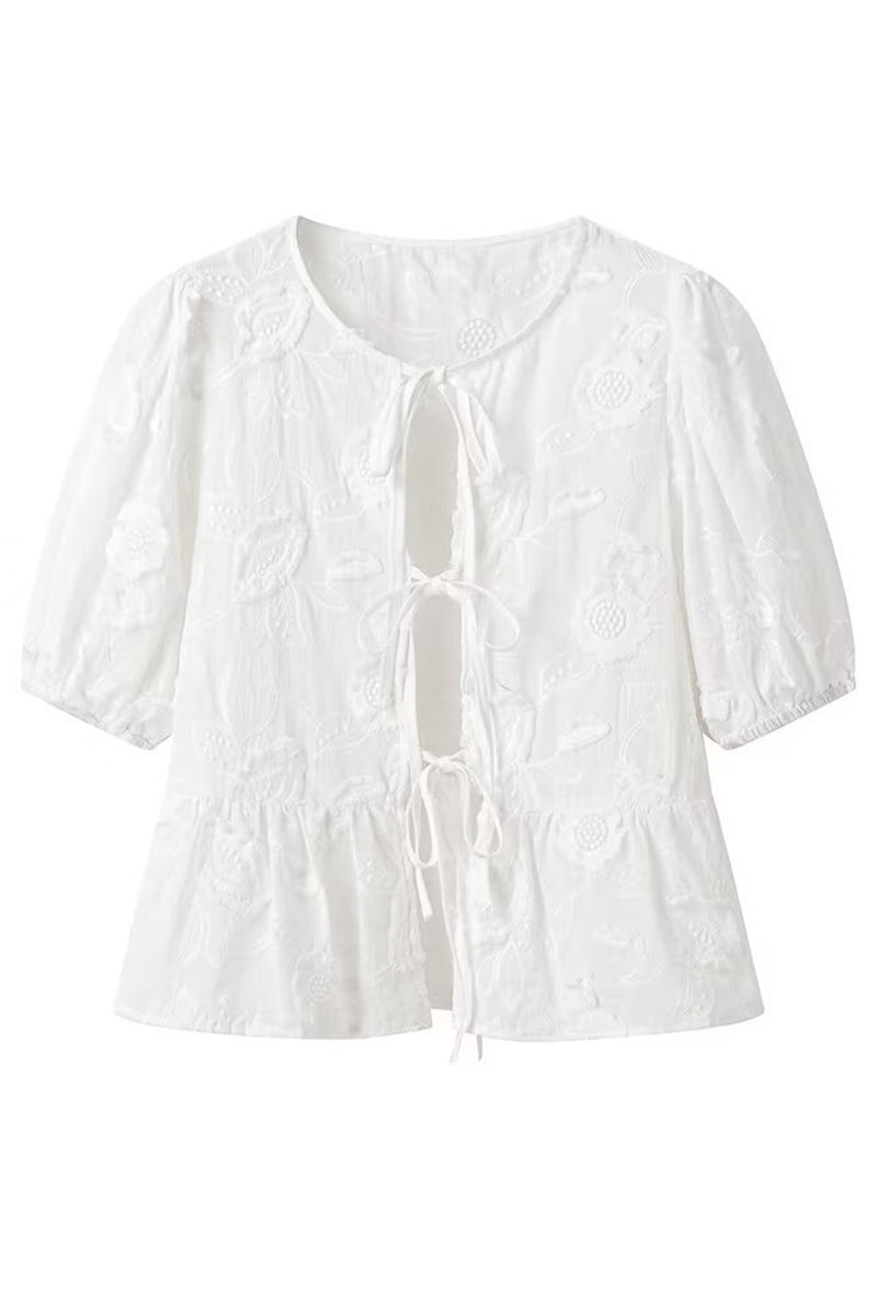 Dulce y elegante top de encaje sólido con frenillo y lazo en el cuello redondo