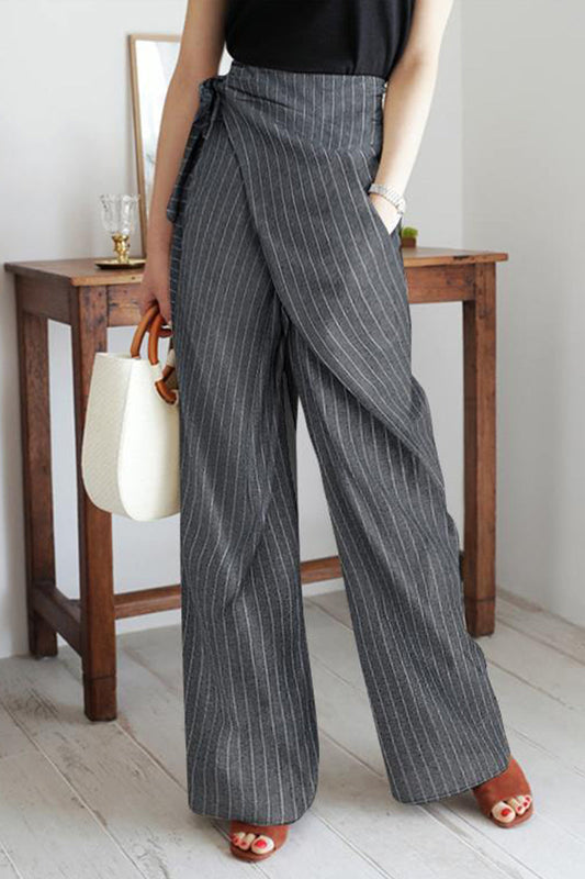 Pantalones casuales de estilo británico con bolsillos a rayas, frenillo, cintura alta, pierna ancha y estampado completo
