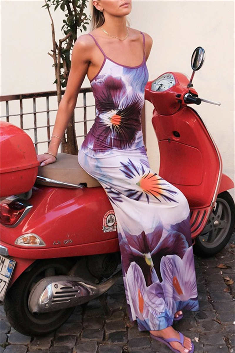 Vestidos largos casuales con tirantes finos, espalda descubierta y estampado